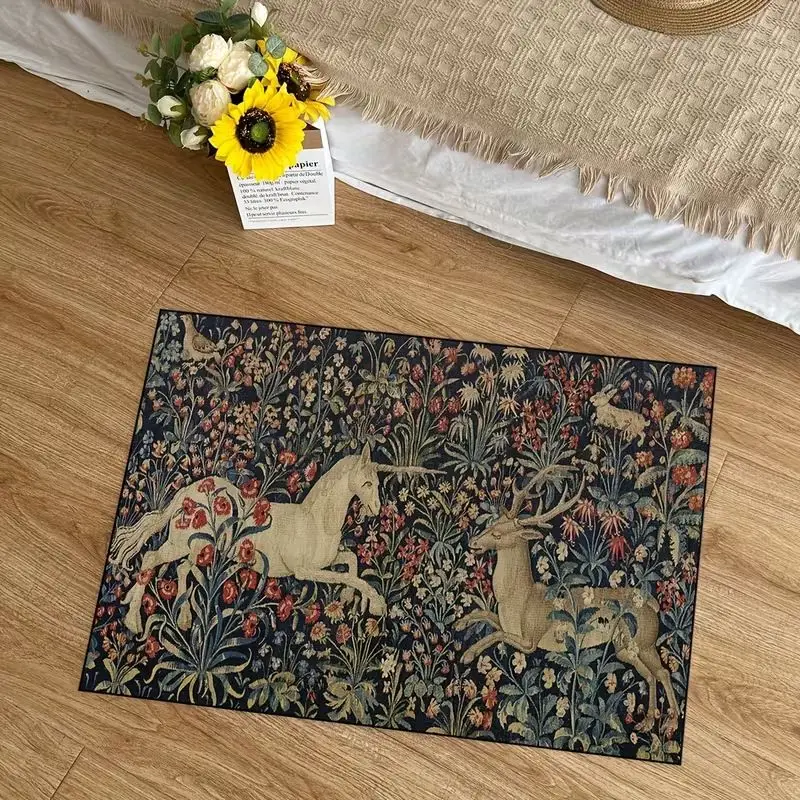 VIKAMA Medieval Unicorn Tapestry Entry Rug Vintage Millefleurs Floral Angel Ornate Renaissance Carpet for Entryway Home Decor