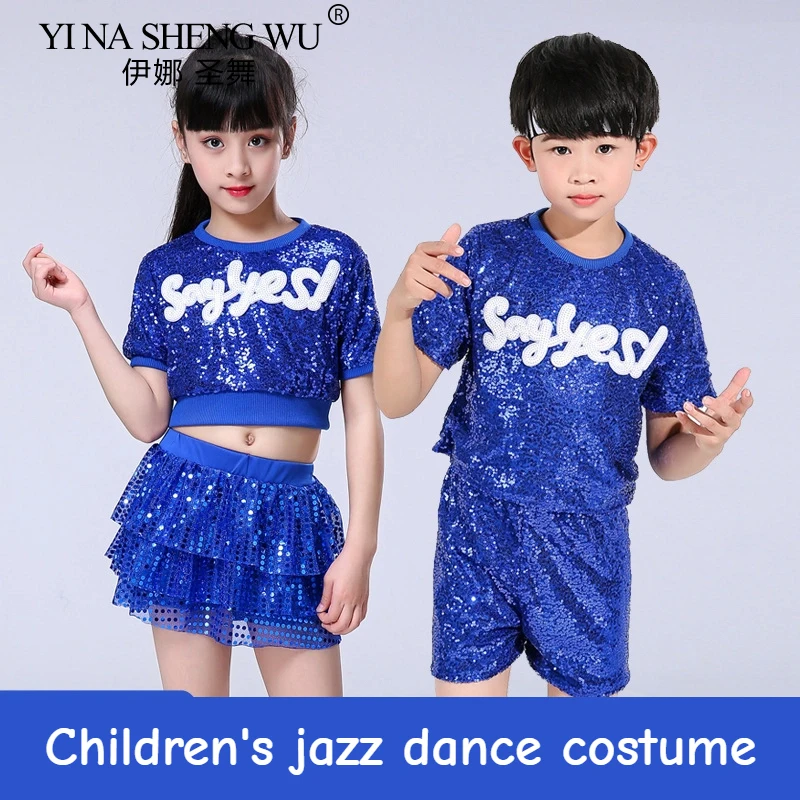 

Новый детский джазовый танец, современные костюмы черлидинга, укороченный топ и брюки в стиле хип-хоп для мальчиков и девочек, комплект с блестками для джазового танца, сценический комплект