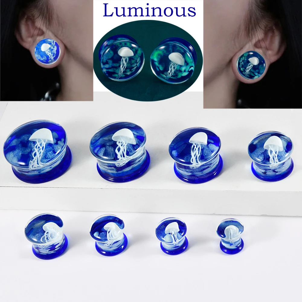 1/2PCS Blue Transparent Round Glass Luminous Jellyfish Ear Gauges Tunnels Plugs Expansion Strengthing Saddle Piercing Earrings