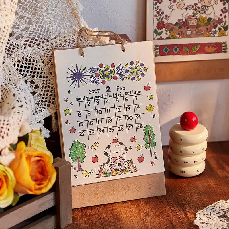 2027 Nepal Hand Drawn Standing Calendar Lovely Cartoon Illustrations with Hanging Rope Eco Friendly Material for Students
