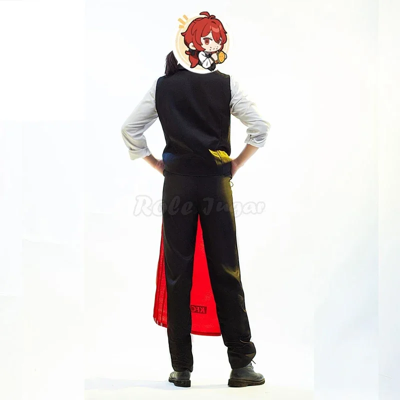 6pcs Game Genshin Impact Diluc Cosplay Costume KFC Diluc Men Waiter Uniform Full Sets Anime Halloween Party Costumes