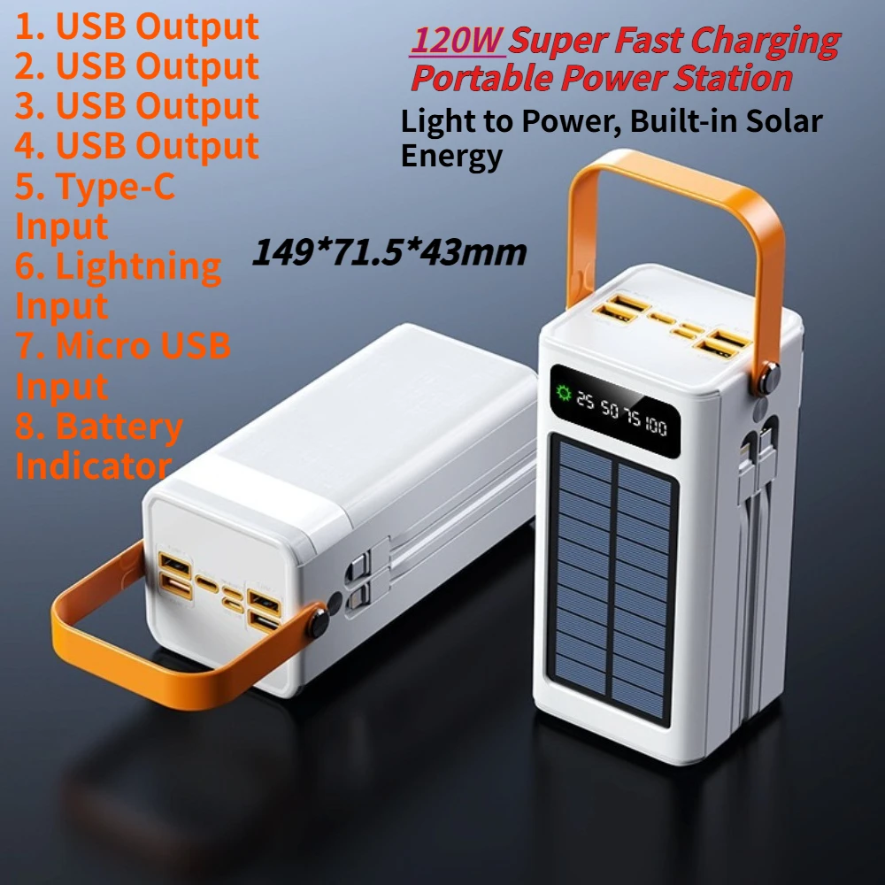 120W 50000mAh Bi-directional Solar Power Bank Dual Built-in Cables Super Fast Charger for iPhone Samsung Xiaomi HUAWEI Oppo Vivo - view 6