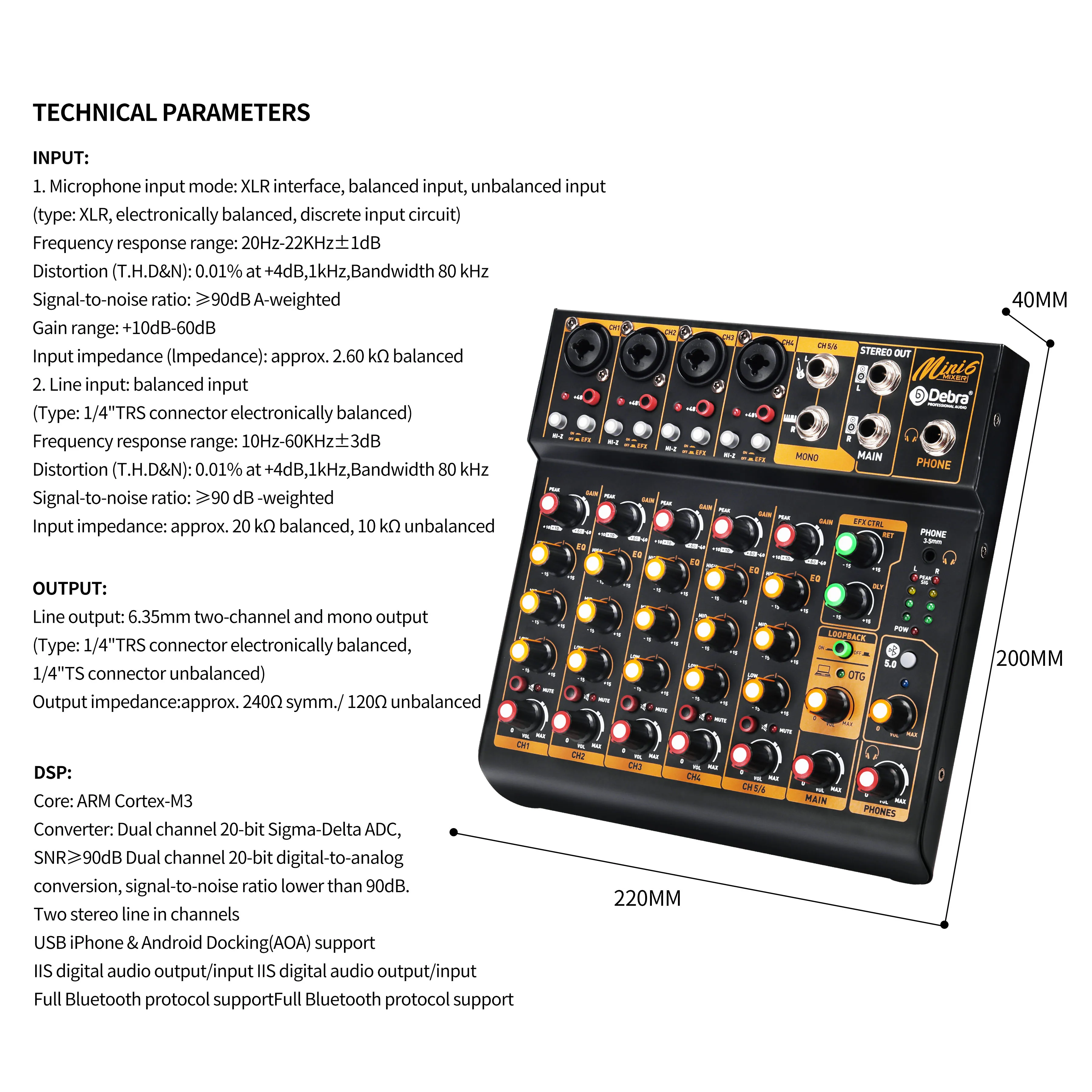 Scheda di registrazione audio audio portatile OEM Karaoke Mini6 Console di missaggio con controllo mixer a 6 canali