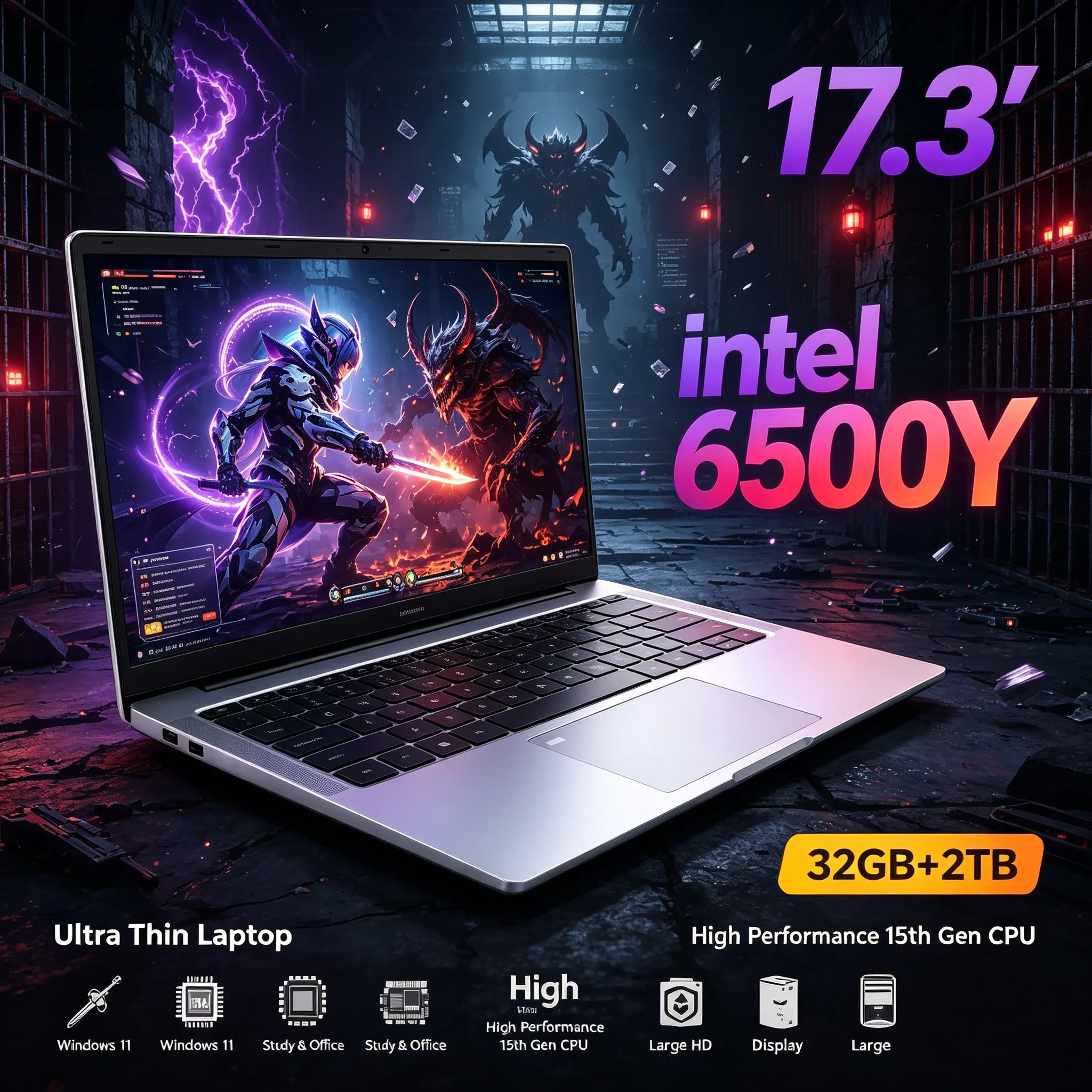 17.3'' Portable Notebook With Large HD Screen Intel 6500Y 32GB RAM 1TB 2TB SSD Windows11 WiFi6 BT5.2 Laptop For Office Household
