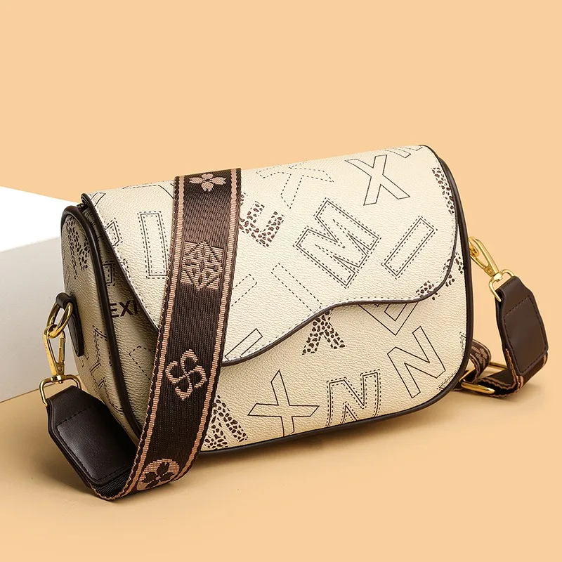 Vintage Letter Printed PU Leather Shoulder Bags For Women 2024 Female Wide Strap Crossobody Bag Ladies Stylish Handbag and Purse