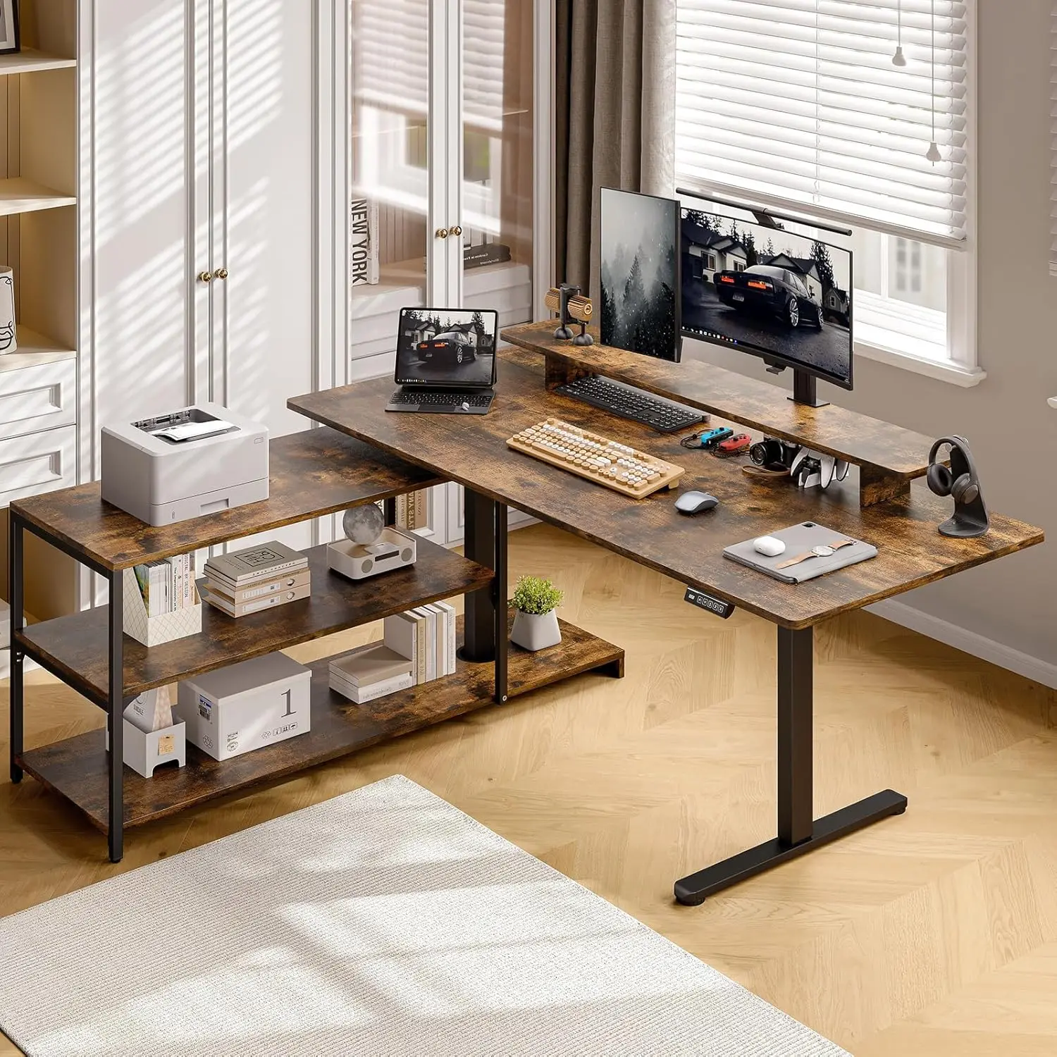 

Угловой электрический стол-трансформер L-образной формы с тумбой для документов, 63x24 дюйма, с полкой для монитора и отсеком для хранения, регулируемый, настраиваемый