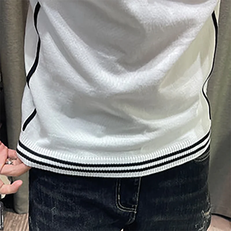 Irregular Lines Herren-Strick-T-Shirt, Sommer, Schwarz, Weiß, Kontrastfarbe, Rundhalsausschnitt, kurze Ärmel, atmungsaktives Strick-T-Shirt – Detail 12