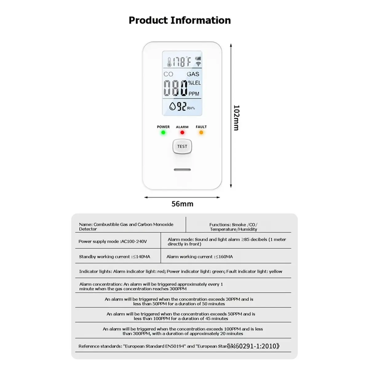 Dynamic 4-in-1 Carbon Monoxide Gas Leak Monitor 0-999ppm Detection Anti-Poisoning Explosion Protection Alarm Detector EU PLUG A