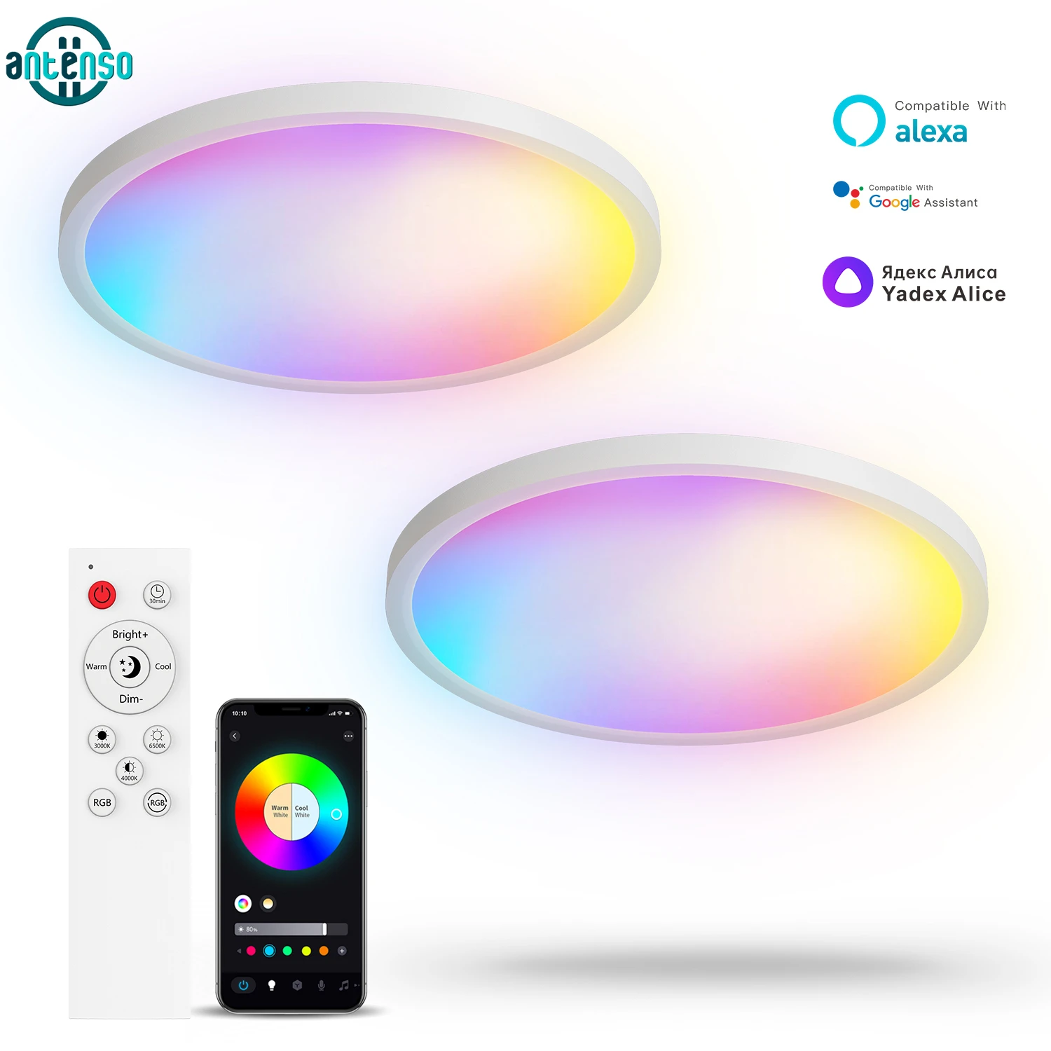 

Умный потолочный светильник AC 110V 220V, ультратонкий, 24W 30W, RGB, с регулировкой яркости, управлением через приложение, голосовым управлением (Alexa, Google) для домашнего освещения и декора