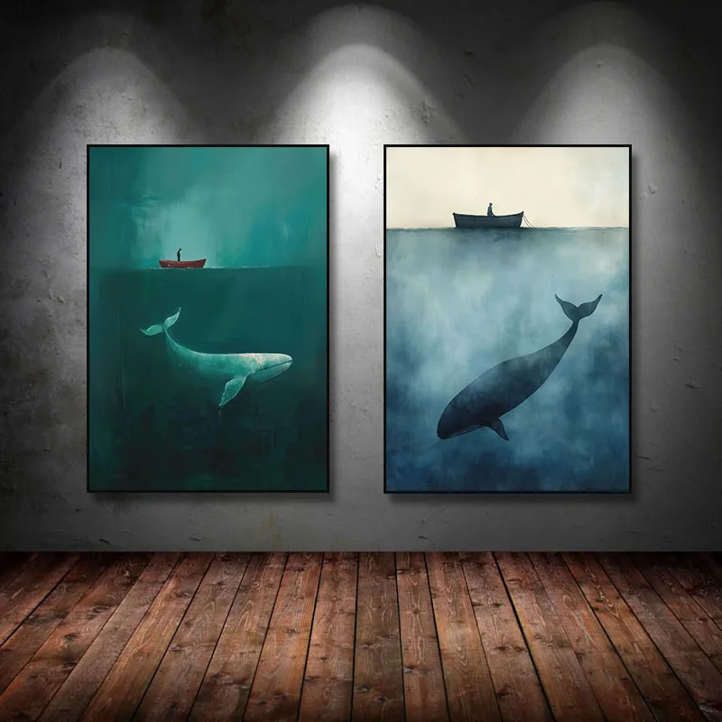 الحوت الأحدب الأخضر الداكن ملصق فني طباعة خمر السفينة العملاق الحوت قماش اللوحة المحيط جدار الفن لغرفة المعيشة ديكور المنزل