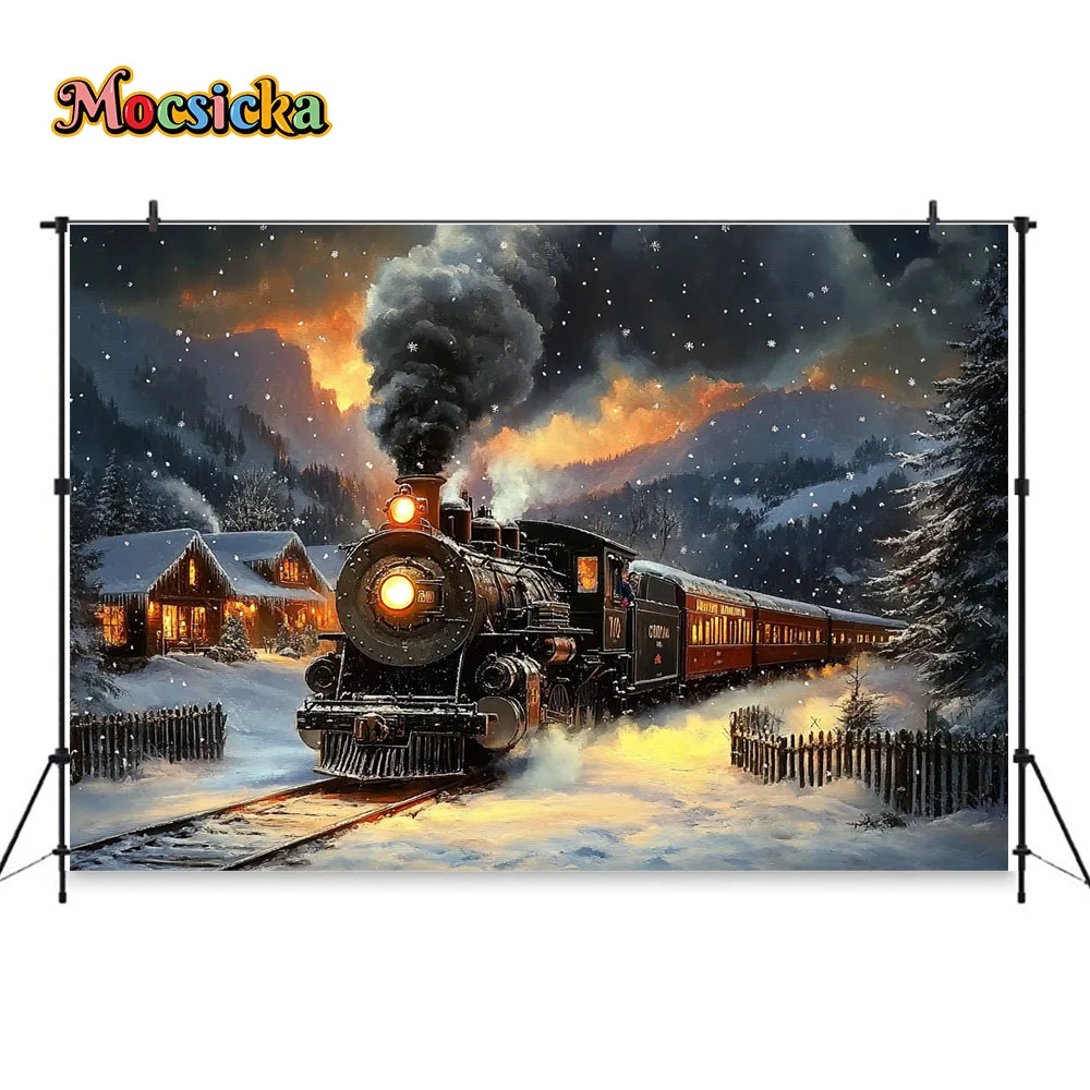 Mocsicka Vintage Steam Train Background for Christmas Photography Xmas Eve Village Snowflake Backdrop Kids Family Studio Photo