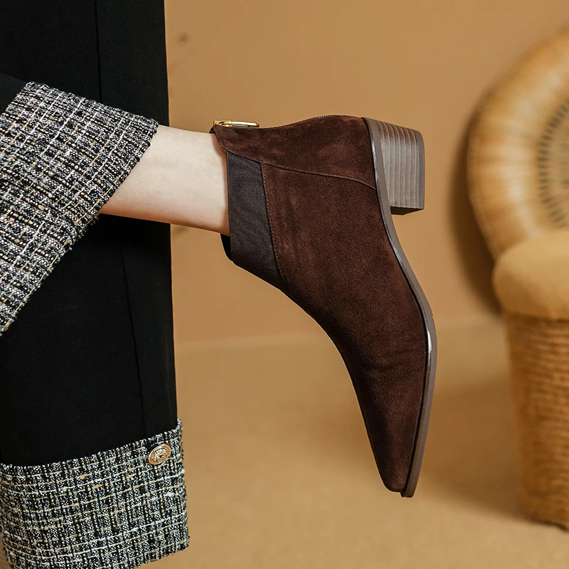 

New Autumn Women Boots Sheepskin Leather Women Shoes Pointed Toe Med Heel Ankle Boots Modern Boots Genuine Leather Ladies Shoes