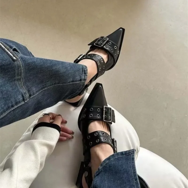 New 2024 Women Chunky Sandals Summer Shoes Fashion Mid Heels Pointed Toe Party Shoes Brand Casual Shoes Mujer Slippers Zapatos