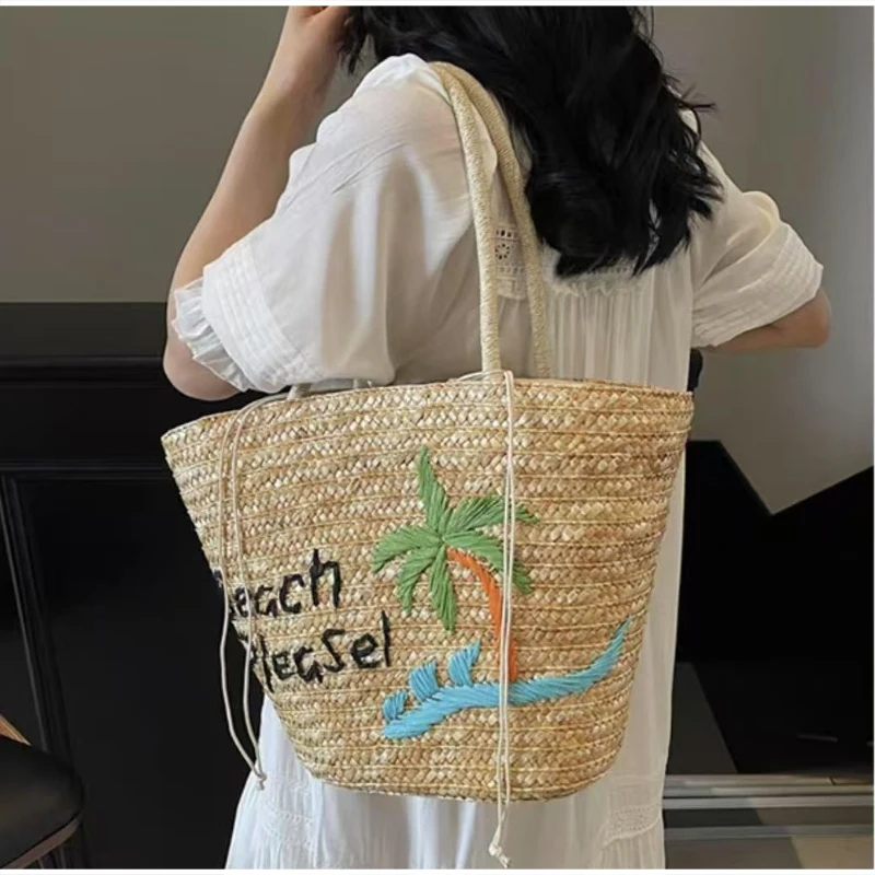 Kokosnuss-Stickerei Strohgewebte Strandtasche, Große Kirsch-Tragetasche, Damen Sommer Casual Urlaubstasche mit Schriftzug – Detail 6