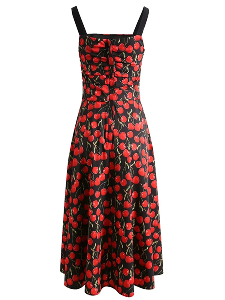 JUNLINNA  Fashion Cherry Print Dress Summer Women Spaghetti Strap High Street Midi Vestidos