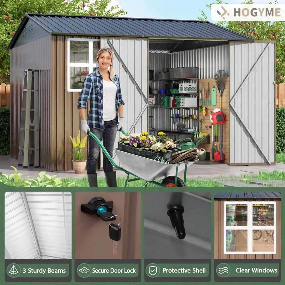 10x10 FT Outdoor Storage Shed, Large Metal Tool Sheds with Updated Frame Structure and Lockable Doors, Brown