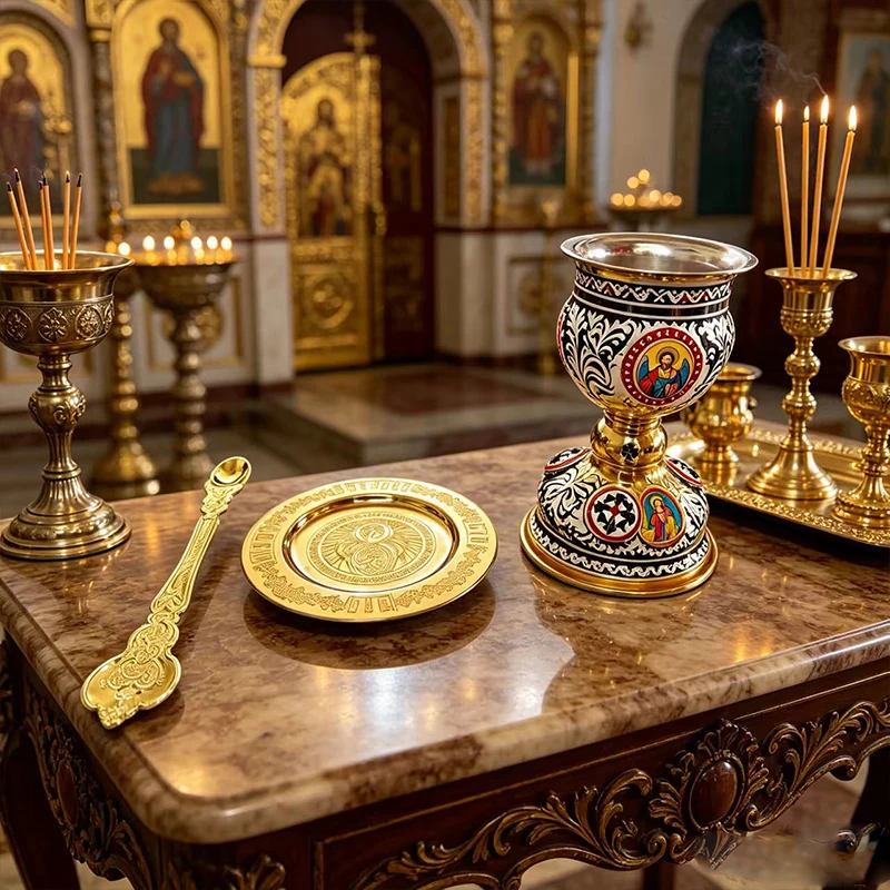 Gold Plated Orthodox Communion Chalice Set with Paten and Spoon Enamel Icon for Christian Church Liturgy Eucharist Ceremonies