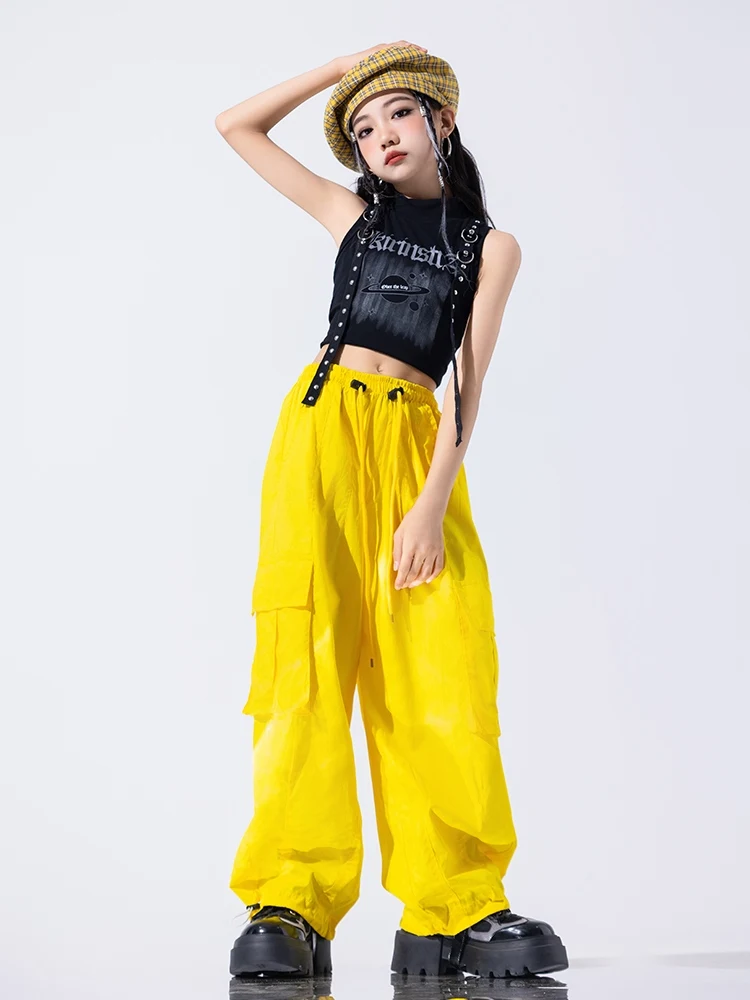 2024 Kids Jazz Dance Clothes Girls Navel Tops Yellow Pants Loose Hip Hop Clothing Loose Street Dance Performance Costume BL13412