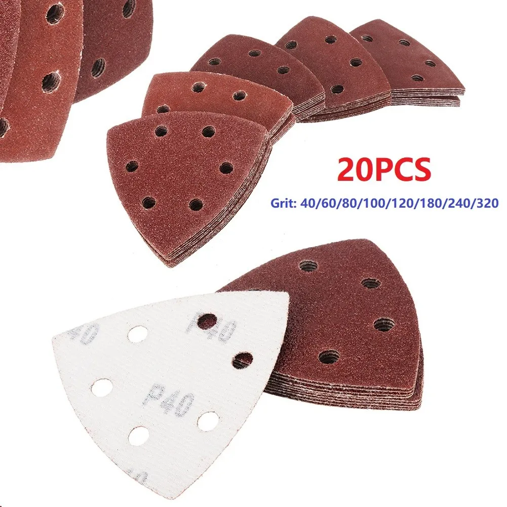 20pcs Sandpaper Triangular Sanding Discs Hook And Loop  Aluminum Oxide Pads 90mm 6 Hole Abrasive Tools For Wood Sanding Tools