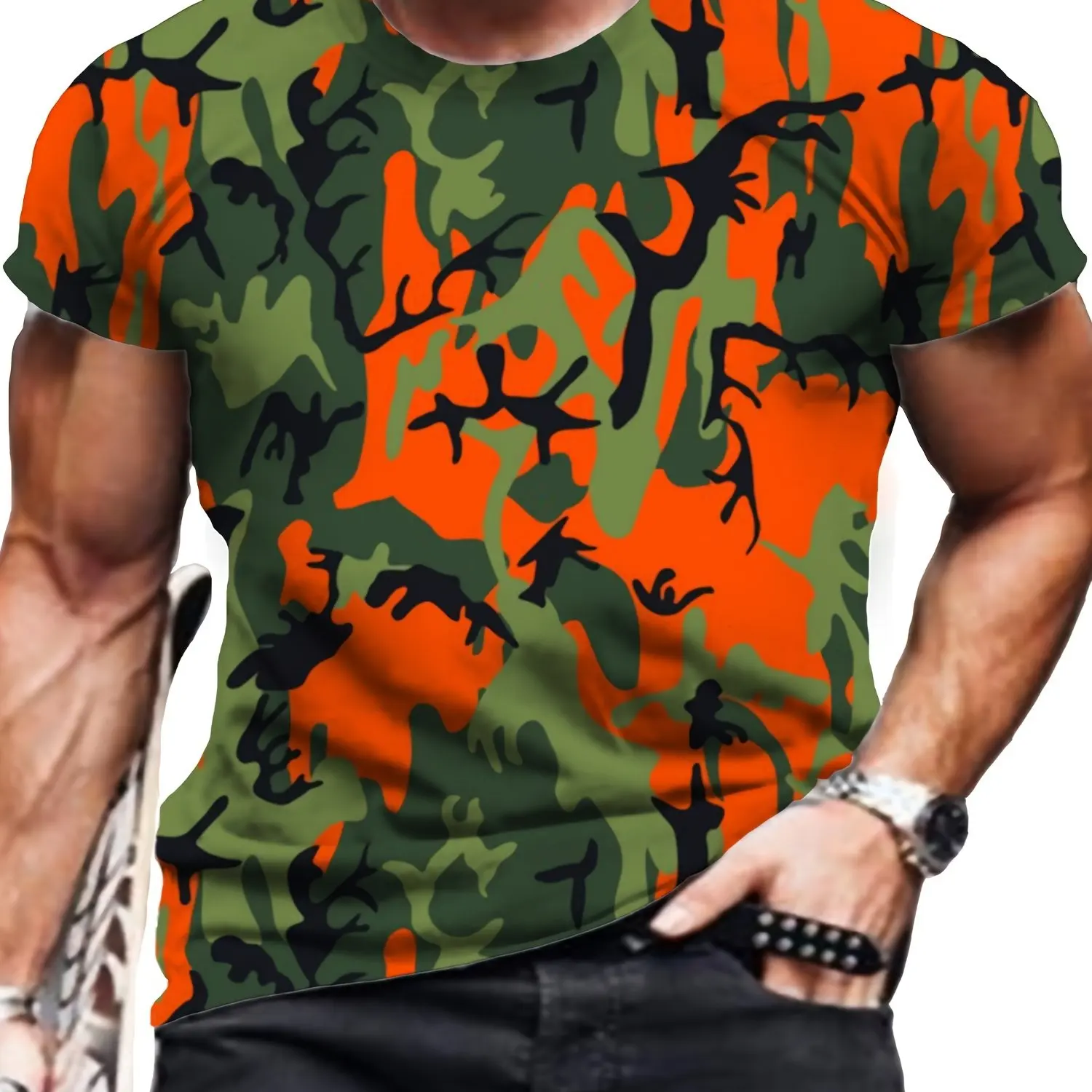 تي شيرت رجالي برسومات مموهة - تي شيرت صيفي مريح وأنيق بتصميم فريد، مثالي للياقة البدنية والأنشطة الخارجية