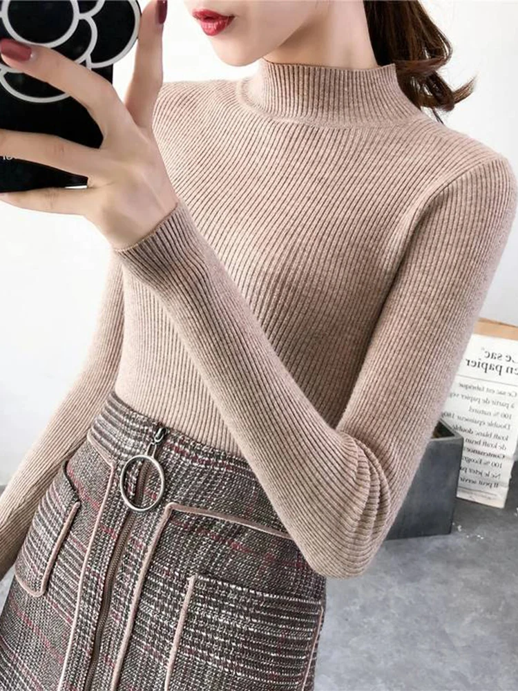 Mock Neck Women Sweater Vintage Basic Solid Knitted Tops Casual Slim Pullover Autumn Winter Korean Tops Simple Chic Jumpers