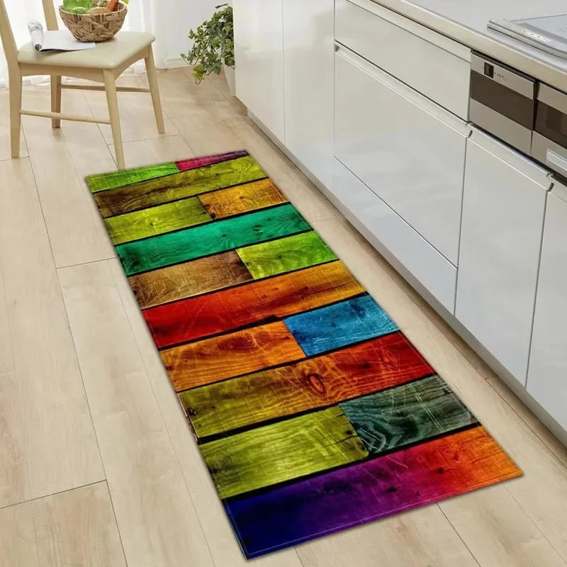VIKAMA Vintage Wood Plank Kitchen Rug Set Colorful Retro Wooden Board Print Soft Non Slip Washable Floor Mats for Kitchen Decor