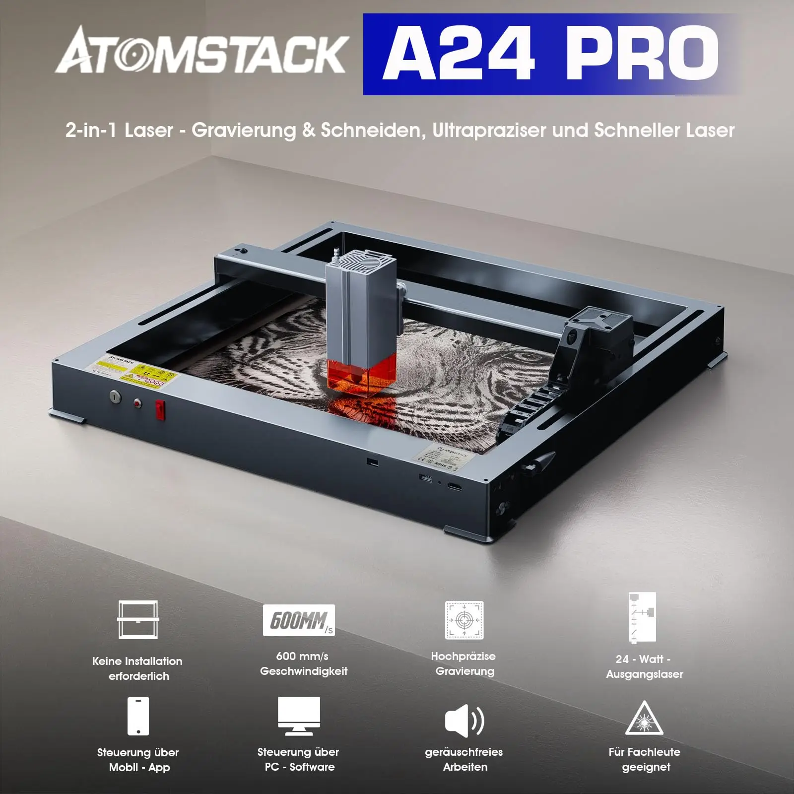 Grabador láser ATOMSTACK A24 Pro para profesionales No requiere ensamblaje Marcador de corte de grabado integrado 2 en 1 de 24000 mW