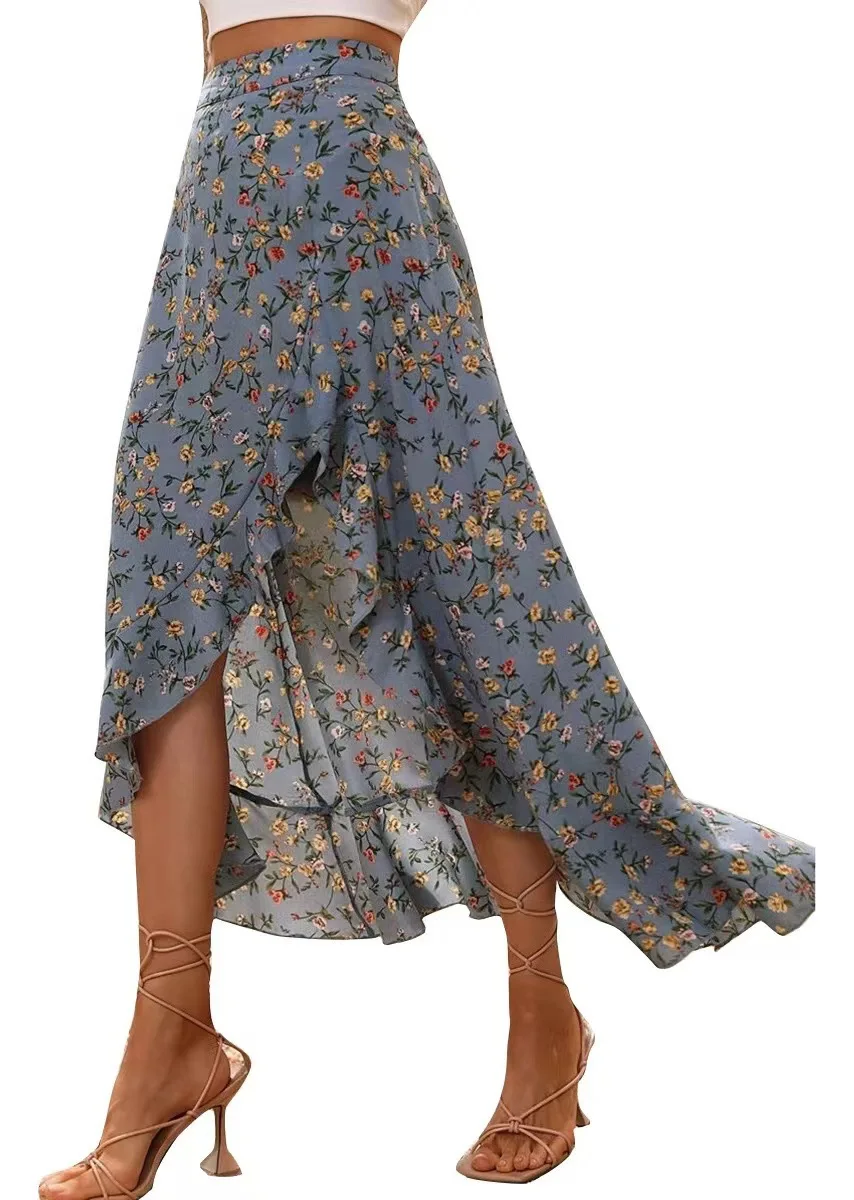 Sexy Side Split Skirt, Printed Ruffle Edge, European and American, Spring, New, 2022