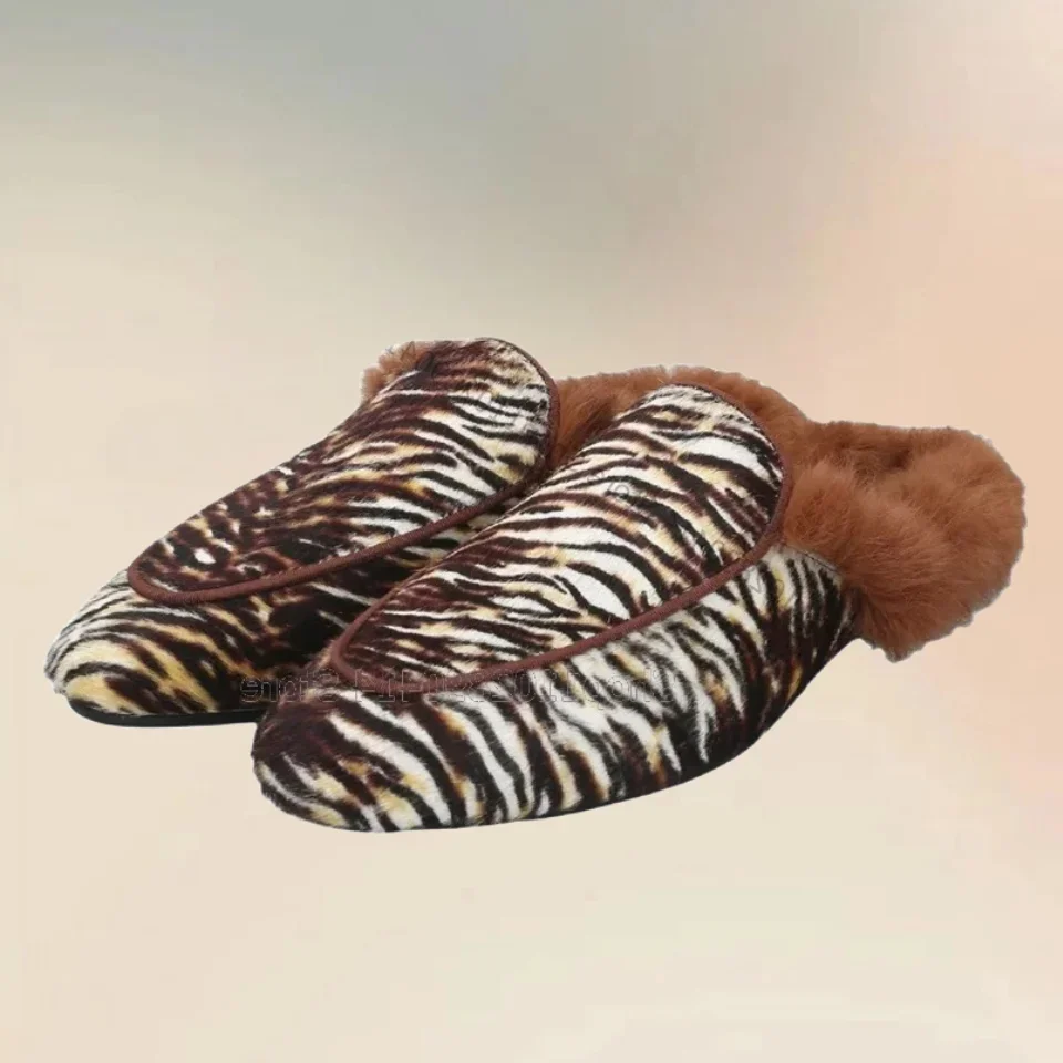 

Brown White Zebra Print Fur Decor Men Slippers Fashion Slip On Men Shoes Luxury Handmade Party Banquet Office Men Casual Shoes