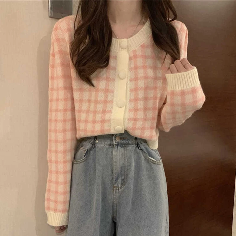 Gidyq Korean Autumn Plaid Cardigan Women Button Knit Casual Crop Top Female Fashion All Match Long Sleeve Sweater Cardigan Coat