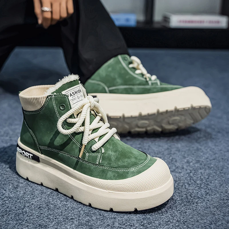 Imagen 6: Botas altas de otoño e invierno para hombre, botas de trabajo con superficie de cuero Retro informales cálidas con forro polar de estilo británico, resistentes al agua