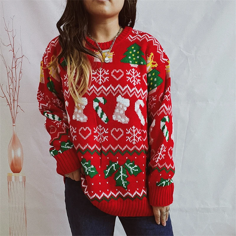 

OMSJ Christmas Jacquard Red Loose Sweaters Snowflake Print Knitted Long Sleeve O Neck Thicked Warm Fashion Casual Pullovers Tops