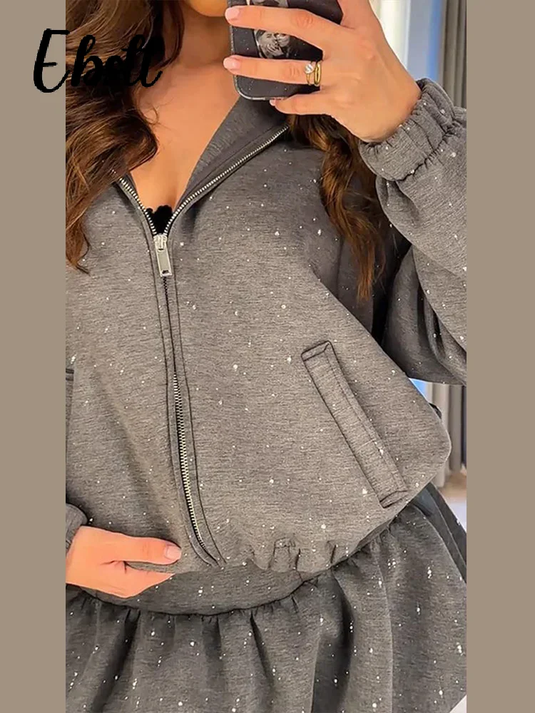 حجر الراين سستة هوديس التنانير مجموعة المرأة عادية مقنع جيوب كم كامل البلوز منتفخ تنورة قصيرة 2025 جديد Lasy الزي