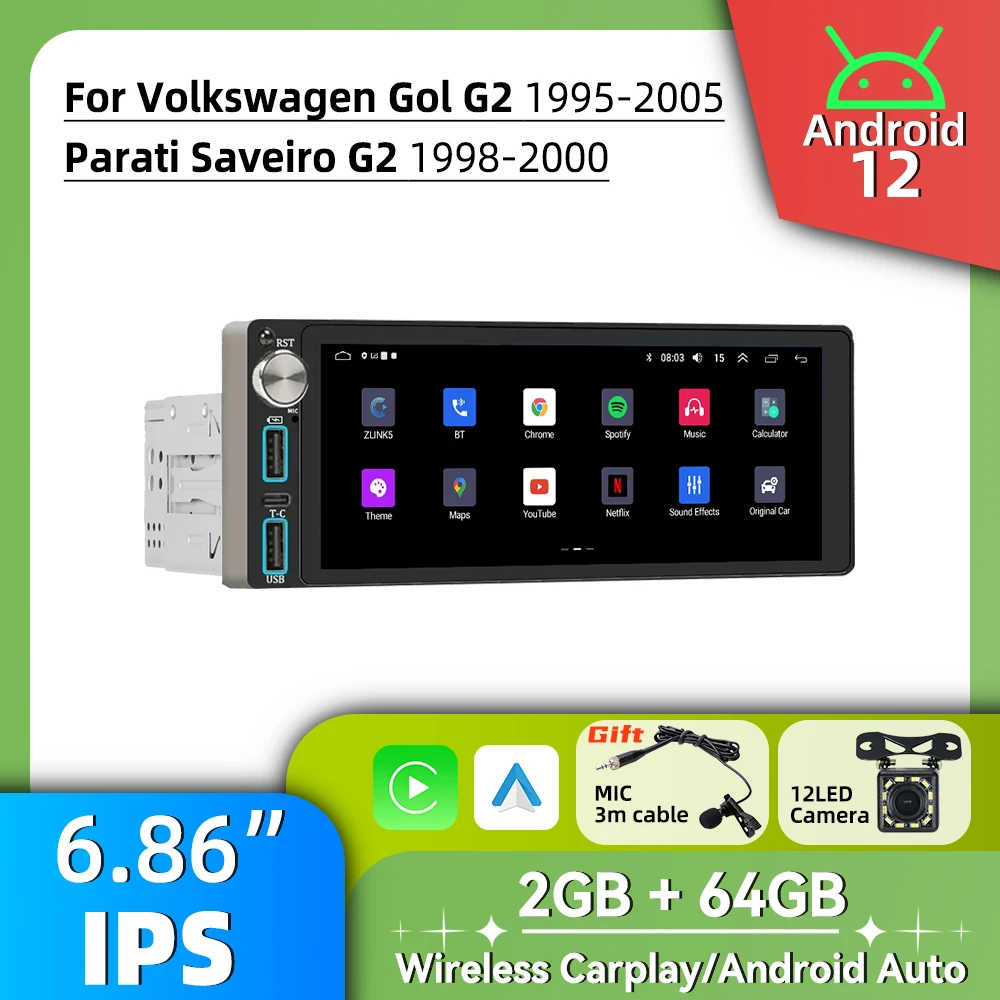 1din rádio do carro autoradio android multimídia para vw volkswagen gol g2 1995-2005 parati salvariro g2 1998-2000 6.86 "tela estéreo