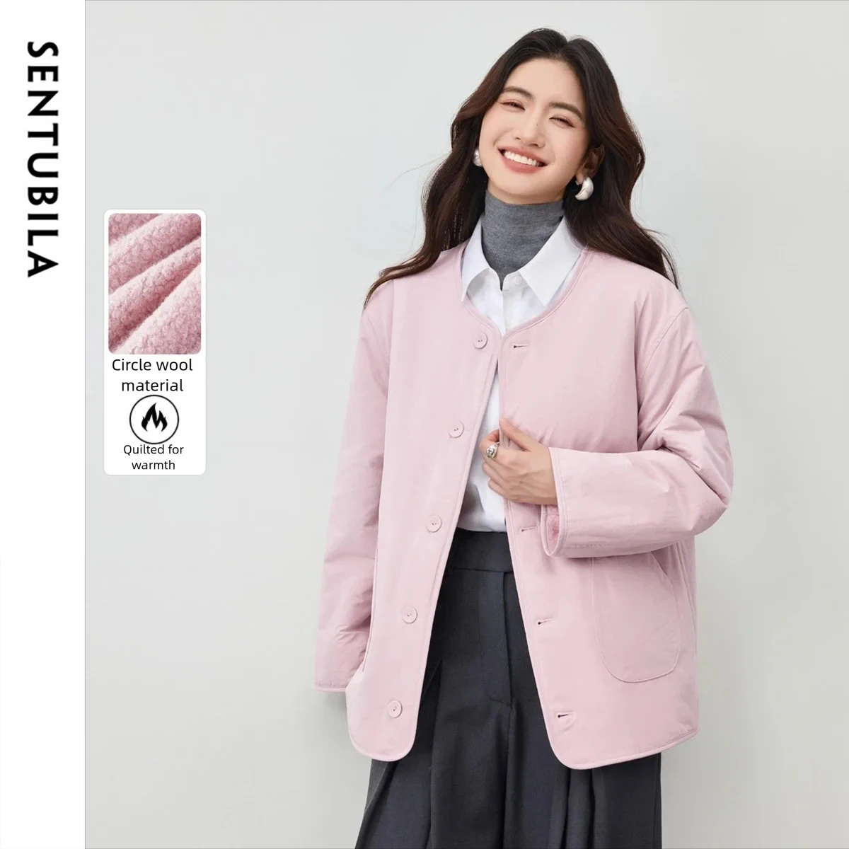 

SENTUBILA Women's Commuter Quilted Coat 2025 Winter New Warm Loose Fit Jacket O-Neck Fashion Double Sided Outerwear 154W80331