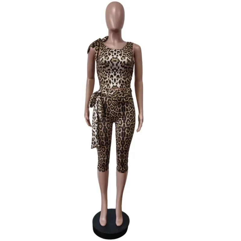 Luipaardprint Lace Up Lint 2-delige set Dames Wild Sexy Tank Crop Tops + Hoge taille Skinny knielange broek Clubwear-pakken