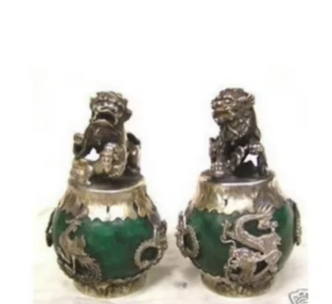 Copper statue 1 Pair HANDWORK tibet silver Green Jade Carving Figures Dragon Phoenix lion foo dog Statue Tibetan Silver Bronze d