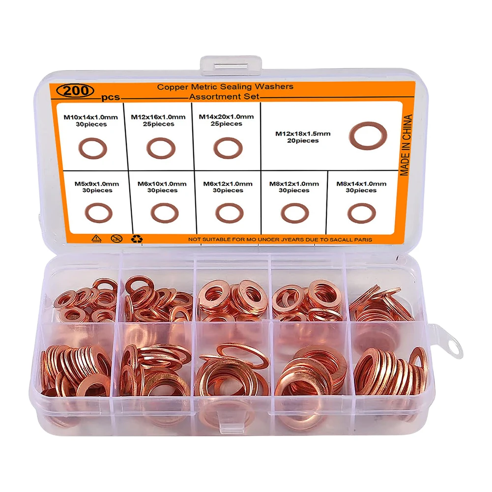 200Pcs Solid Pure Copper Washers M5 M6 M8 M10 M12 M14 Sump Plugs Oil Seal O Ring Spacers Flat Ring Seal Assortment Kit with Box