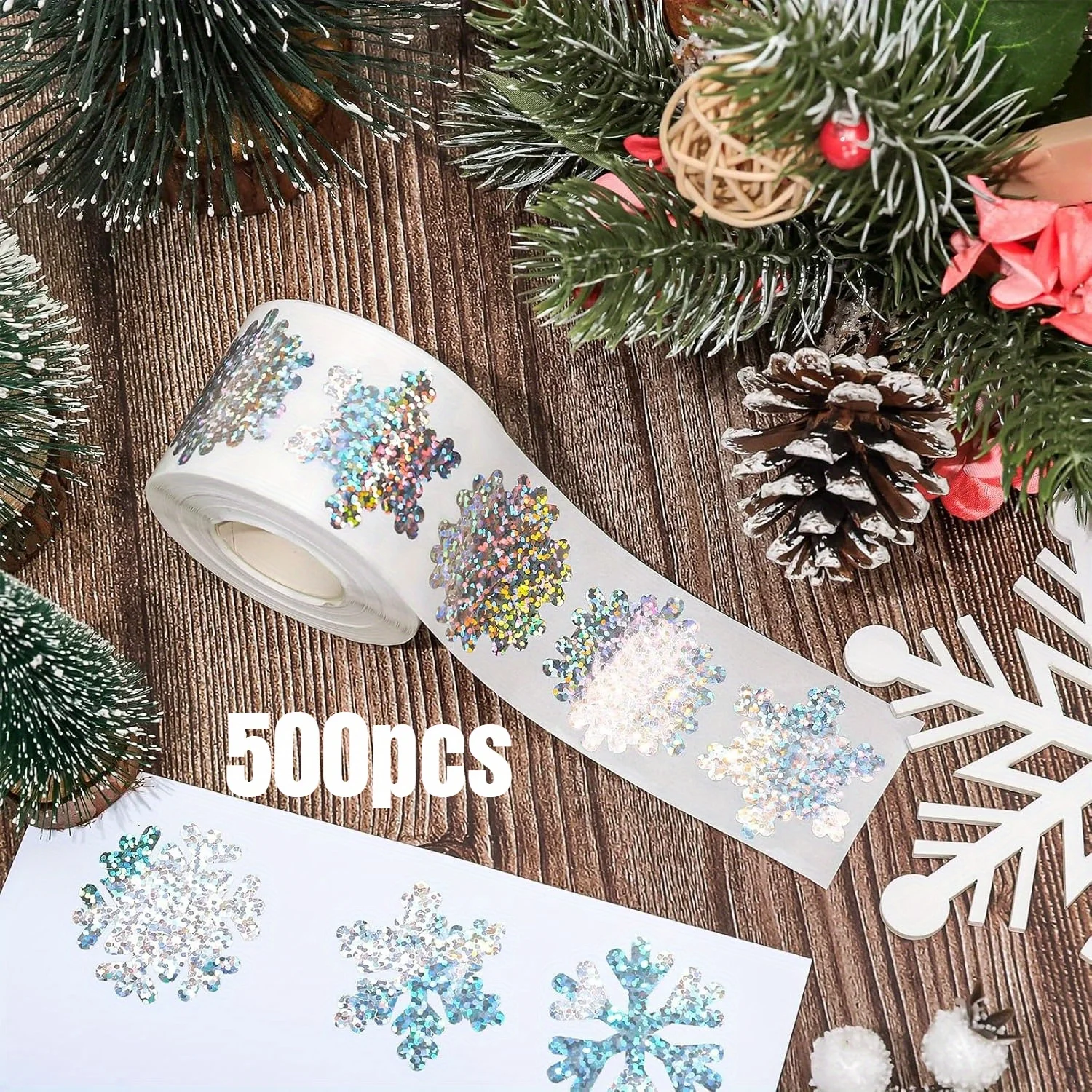 Rouleau d'autocollants flocon de neige de noël et d'hiver, 500 pièces, autocollants auto-adhésifs pour enveloppes, fournitures de fête pour journal intime et saison de rentrée scolaire