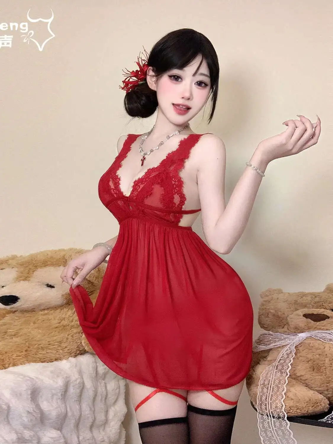 Transparante Nieuwe vrouwen V-hals Paars Sheer Zomer Zoete Sexy Mesh Verleidelijke Kant Dunne Nachtjapon Jurk Elegante Tops Vrouwen D16G