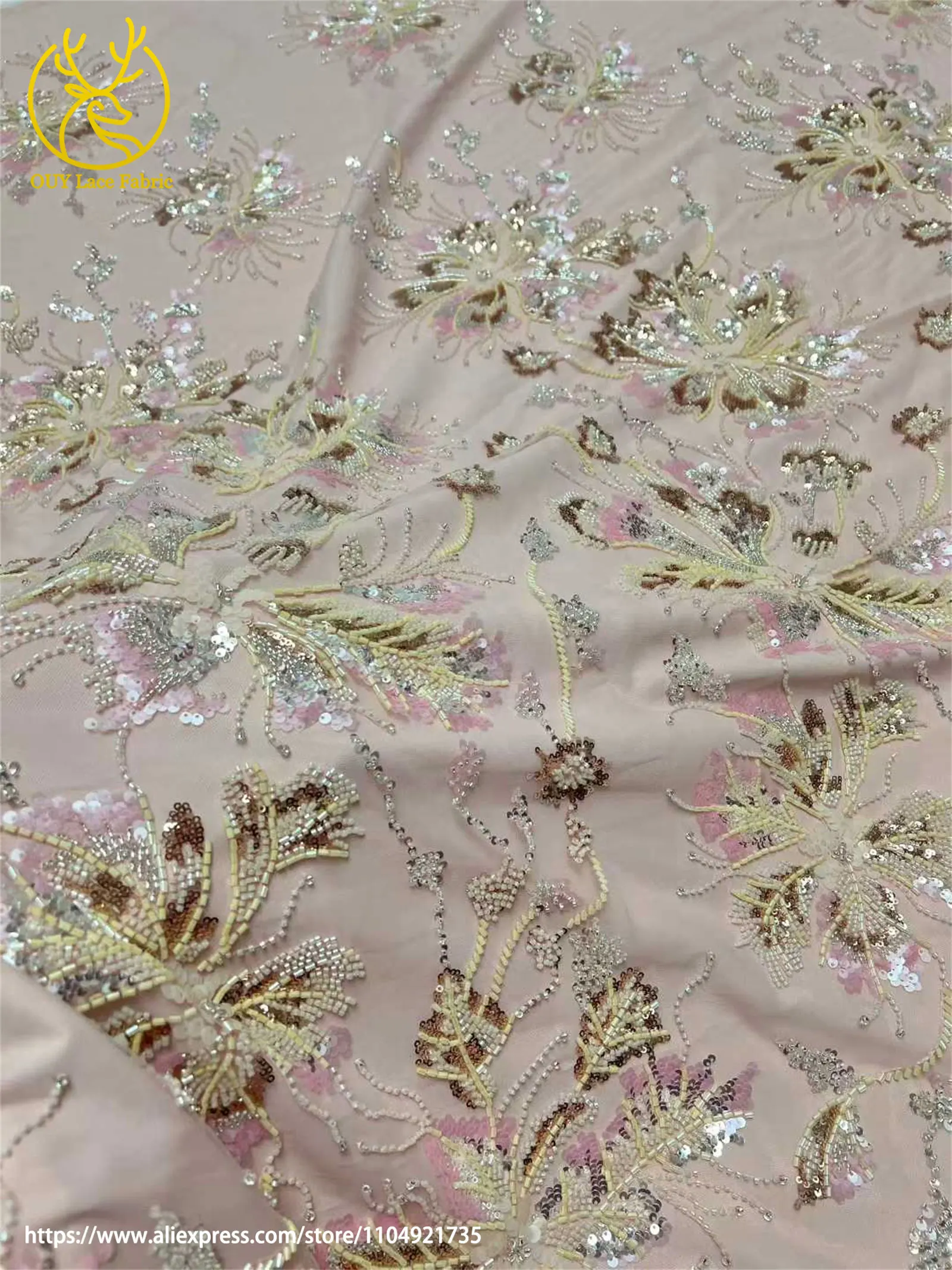 Afrikanischer Netz-Stickerei-Pailletten-Spitzenstoff 2026 Luxuriöser Französischer Tüll Perlenbesetzter Stoff für Damen-Partykleider Nähstoff 5 Yards – Detail 17