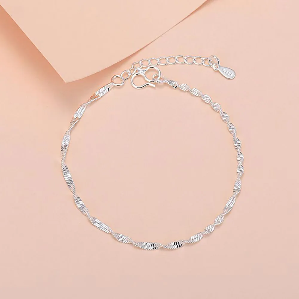 925 Sterling Silver 8-Inches Twisted Water Wave Chain Bracelet for Women, Fashion Charm, and Wedding Jewelry