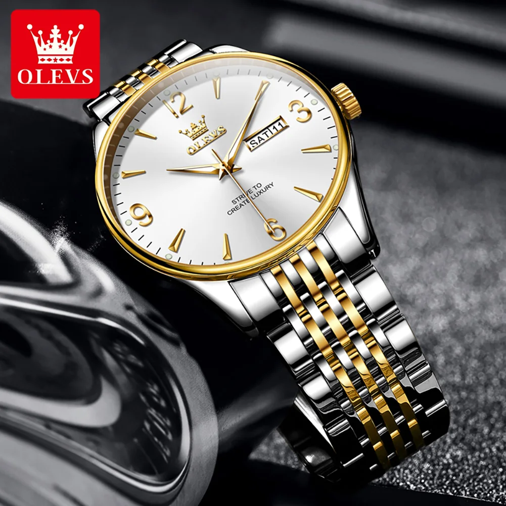 OLEVS 2928 Number Scale Quartz Watch For Men Luxury Top Brand Dual Calendar Wristwatch Stainless Steel Waterproof Man Watch 2024