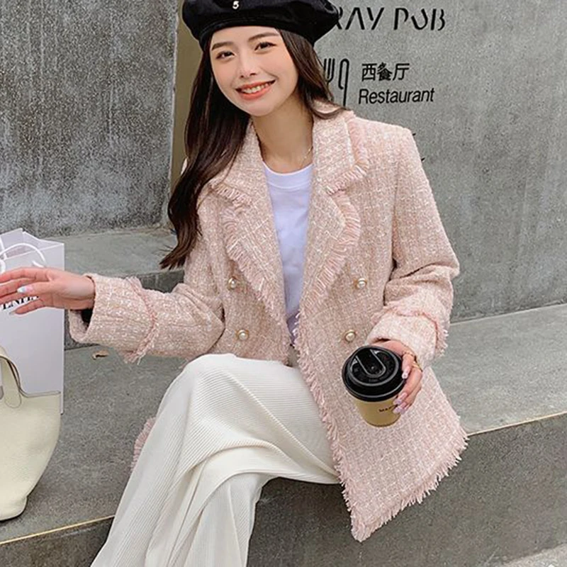 سترة نسائية أنيقة منقوشة عطر فرنسي صغير بحواف خام بدلة شرابة سترة بأزرار معطف نسائي جمالي فضفاض غير رسمي #4