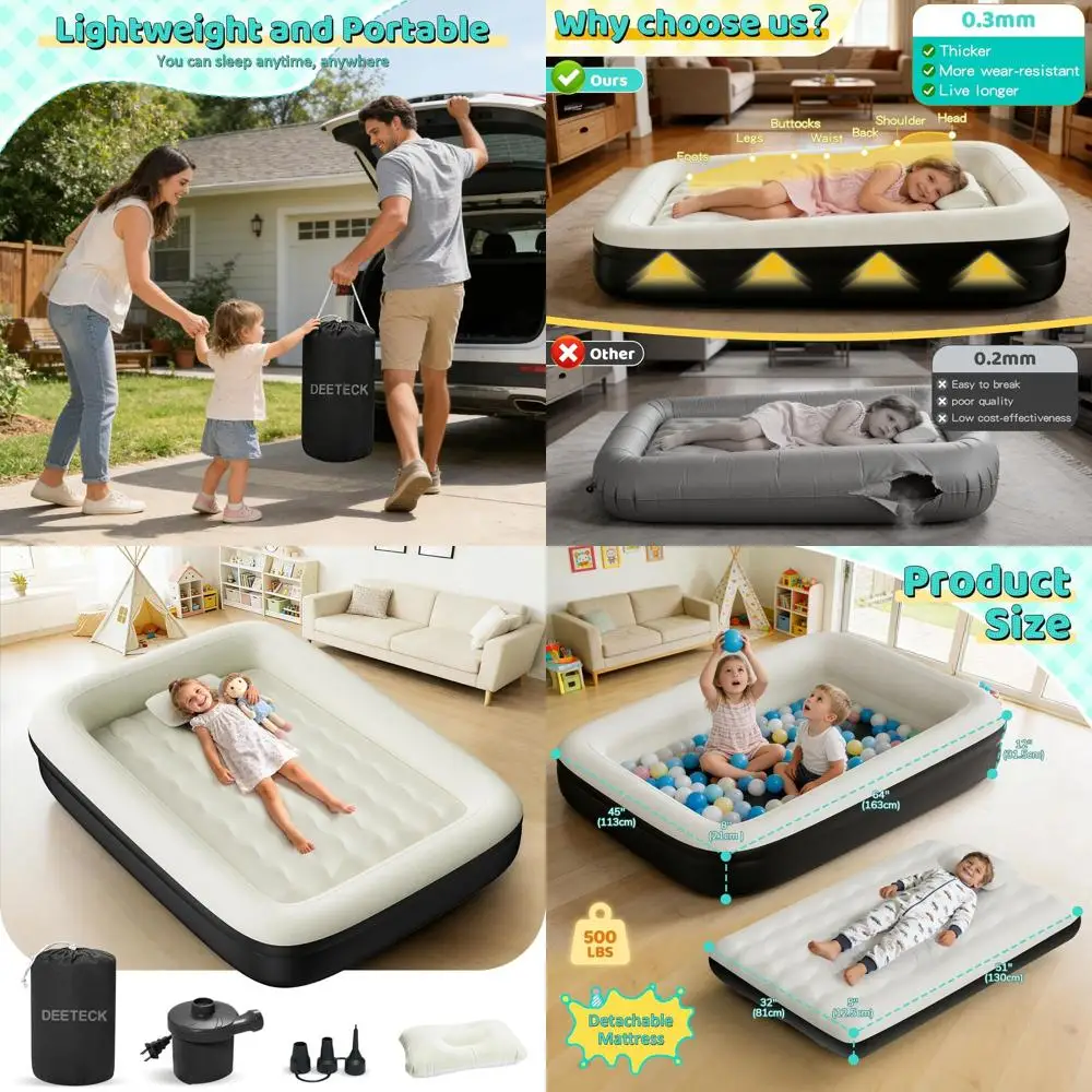 Portable Kids Air Mattress with Safety Sides, Electric Pump, and Carry Bag - Lightweight Toddler Travel Bed for Outdoor Sleeping