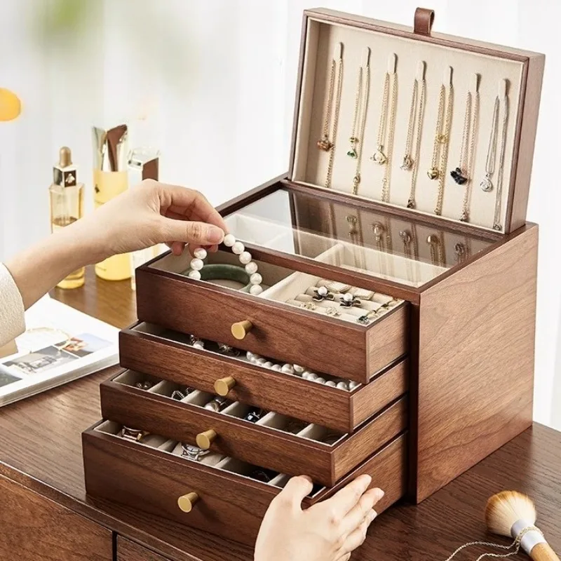 

Wooden Jewelry Box Large Earrings Ring Necklace Boxes Transparent Jewellery Storage Case Travel Pendant Bracelet Organizer Cases
