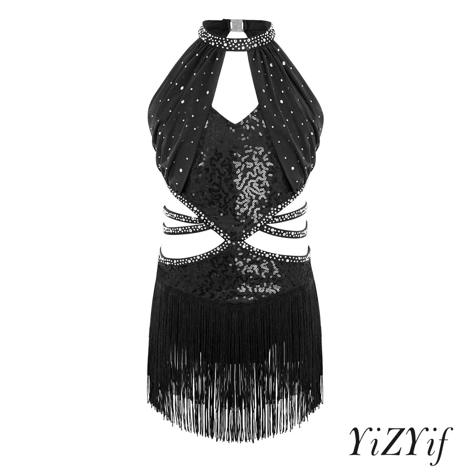 Kinderen Meisjes Samba Salsa Danskostuum Lyrische Latin Dans Turnpakje Jurk Strass Halter Mouwloos Kwastje Body Dancce Wear