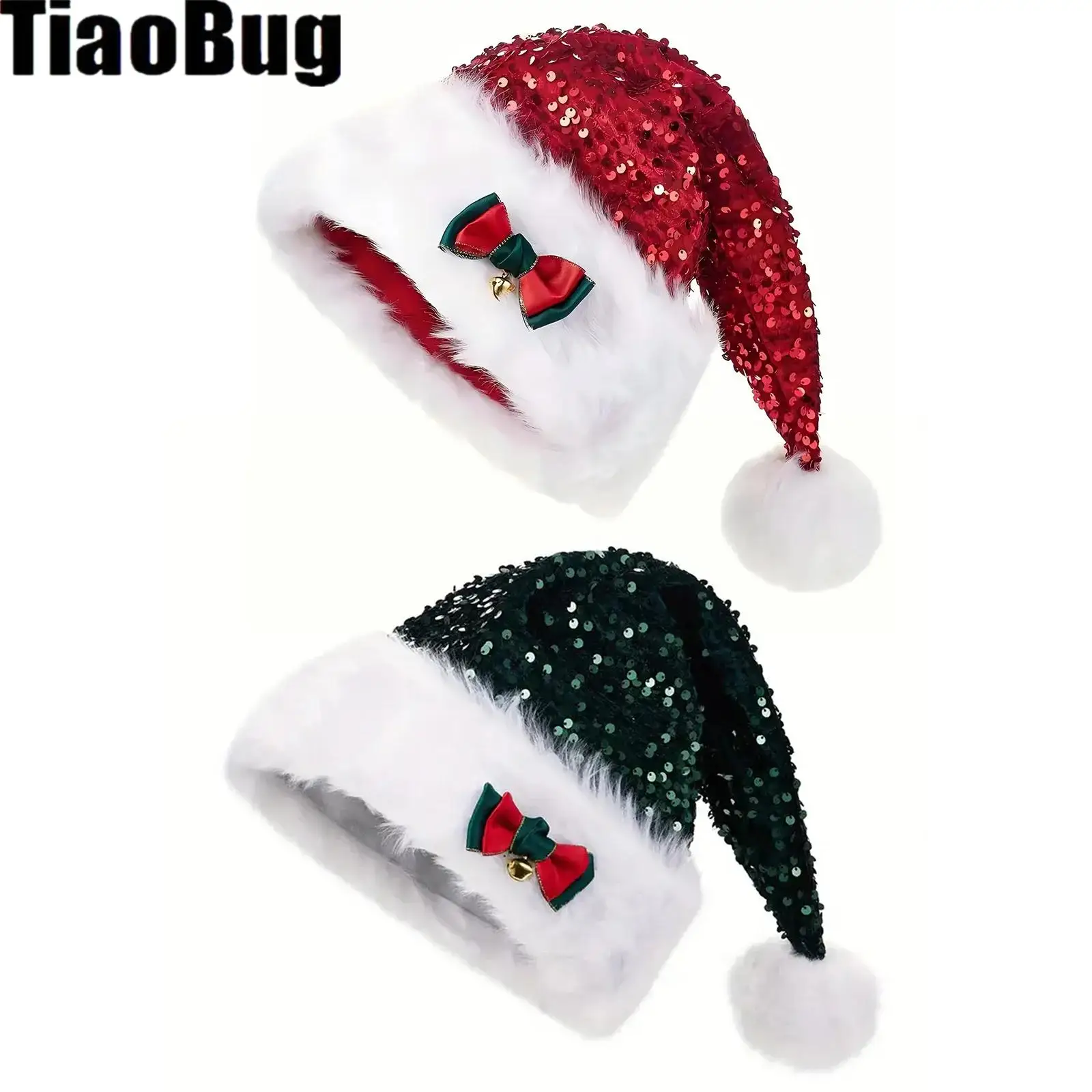 

Women Men Christmas Hat Sequins Santa Hat Bell Bow Pompom Party Hat for New Year Xmas Festival