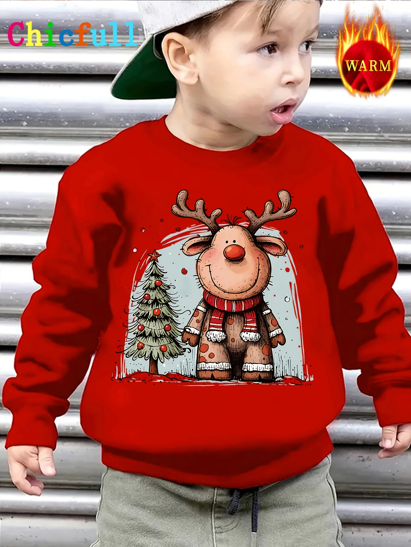 Christmas-themed cartoon reindeer and Christmas tree print hoodie for boys and girlscreative casual autumn/winter fleece lining.