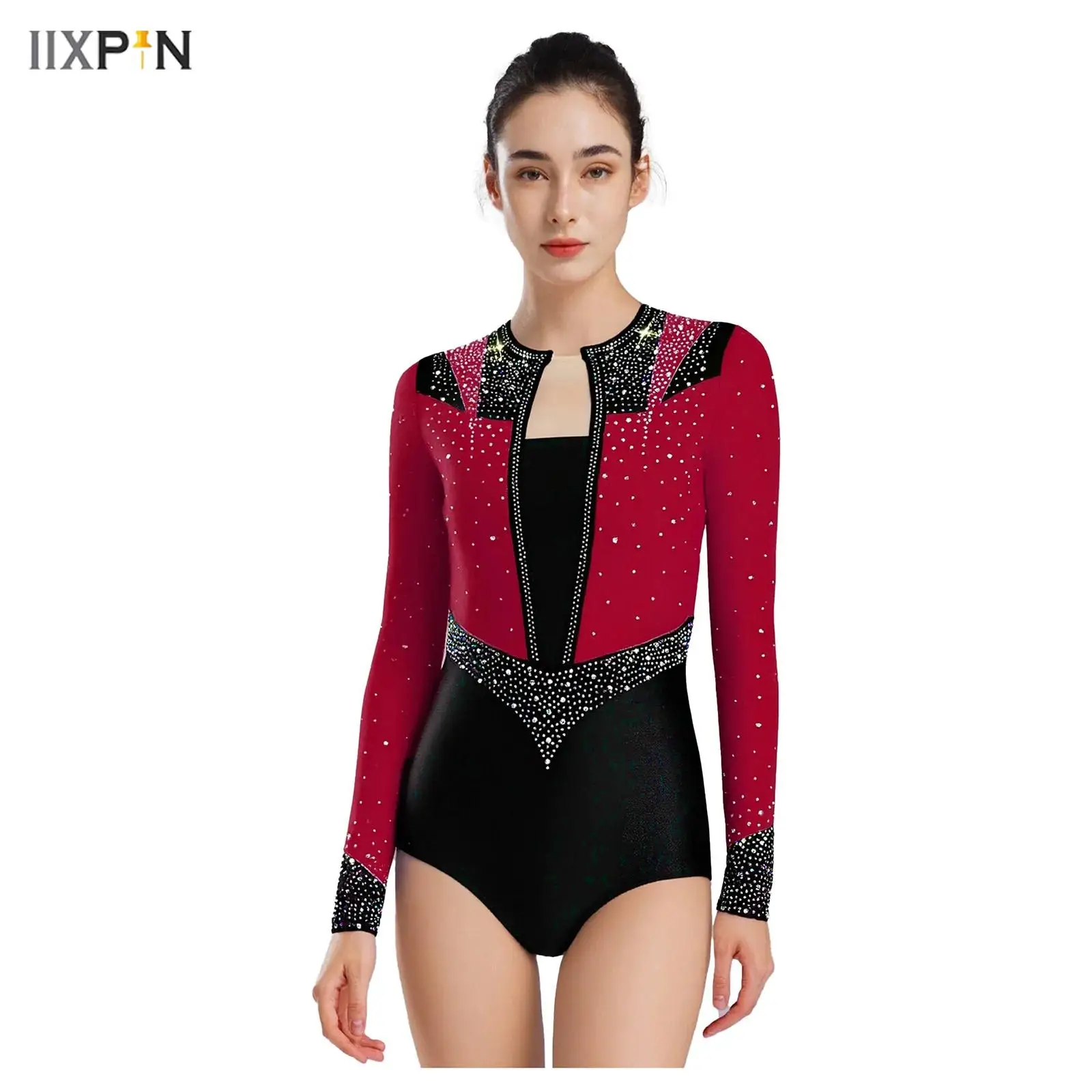 

Womens Gymnastics Leotard Shiny Rhinestones Back Hollow Long Sleeve Contrast Color Bodysuit Ballet Figure Skating Dance Costumes